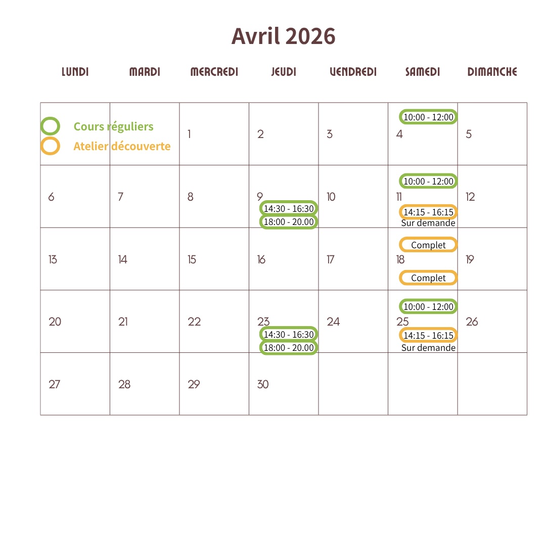 Calendrier des cours réguliers et stages